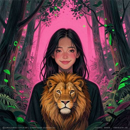Digital art of a smiling young woman with long black hair, standing in a pink-lit forest, with a majestic lion in front. Glowing green