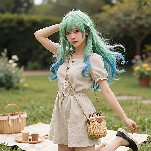 Aesthetic Picnic Scene with Multicolored Hair