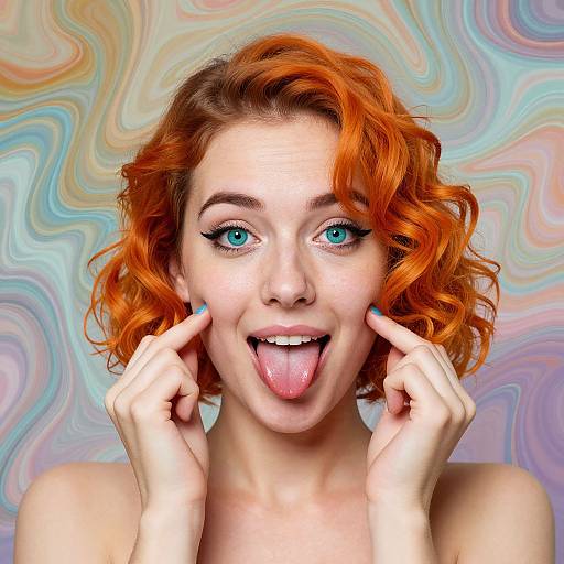 Photograph of a young woman with vibrant orange curly hair, blue eyes, and fair skin, playfully sticking out her tongue and touching her cheeks,