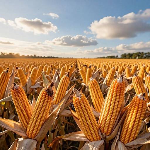 Photograph of a vibrant golden cornfield at sunset, with mature, sunlit ears of corn standing tall under a bright blue sky with scattered clouds.