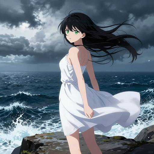 Anime Girl on Stormy Cliff
