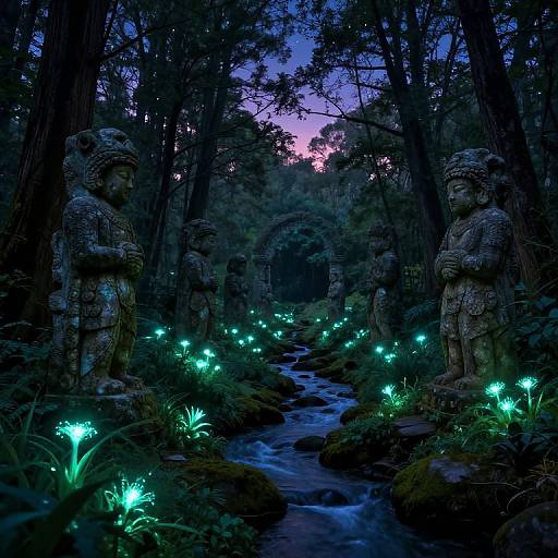 Photograph of a mystical forest at dusk, featuring glowing green plants, stone warrior statues, and a flowing stream, with a twilight sky in the background