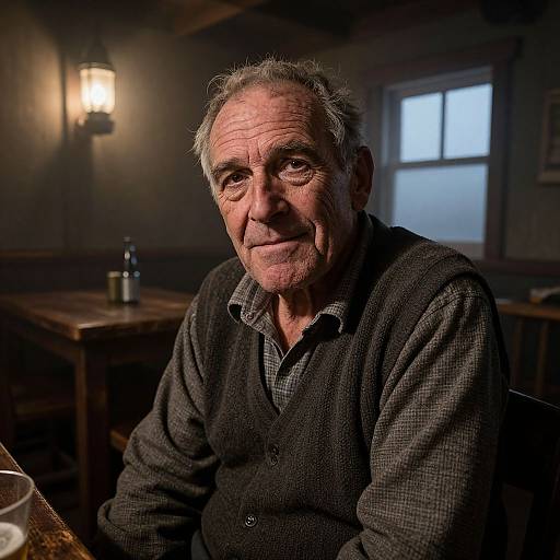 Photograph of an elderly man with wrinkled skin and gray hair, wearing a dark checkered shirt, sitting in a dimly lit, rustic café