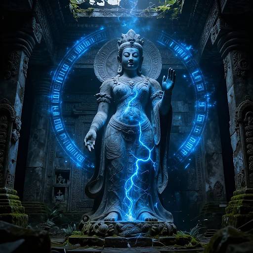 Photorealistic digital artwork of a glowing blue-lit stone statue of an ancient Asian goddess with electrical sparks, standing in a ruined temple.