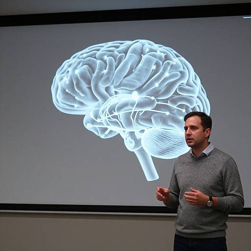 Photograph of a man in a gray sweater standing in front of a glowing white brain projection on a gray wall.