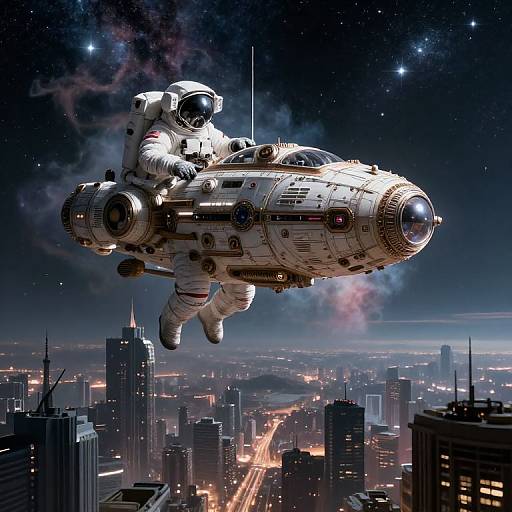 Photorealistic digital art of an astronaut in a white spacesuit flying a futuristic spacecraft above a glowing, starry cityscape at night.