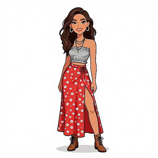 Digital illustration of a smiling woman with long brown hair, wearing a white crop top, red floral skirt with thigh-high slit, brown ankle boots, and