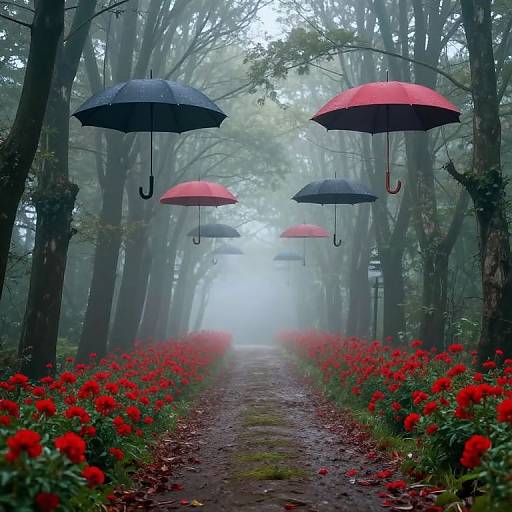 Photograph of a misty forest path lined with vibrant red flowers, with floating black and red umbrellas overhead, creating a whimsical, dreamlike
