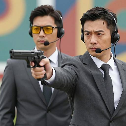 Two Men in Suits with Headsets, One Aiming Gun