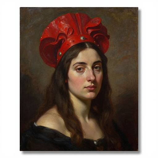 Classical oil painting of a young woman with pale skin, long dark hair, and a red, ruffled headdress, wearing a black off-