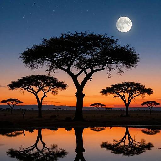 Photograph of a sunset over an African savanna with a full moon, silhouetted acacia trees, and their reflections in a serene,