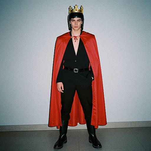 Photograph of a young man with pale skin, black hair, wearing a black helmet, golden crown, red cape, black suit, and boots,