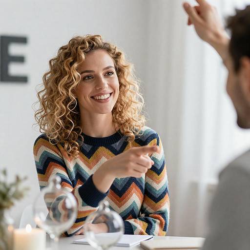Smiling Woman in Colorful Chevron Sweater