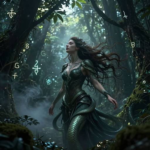 Digital fantasy artwork of a serpentine mermaid with long black hair, green metallic scales, and a forest background with glowing runes.