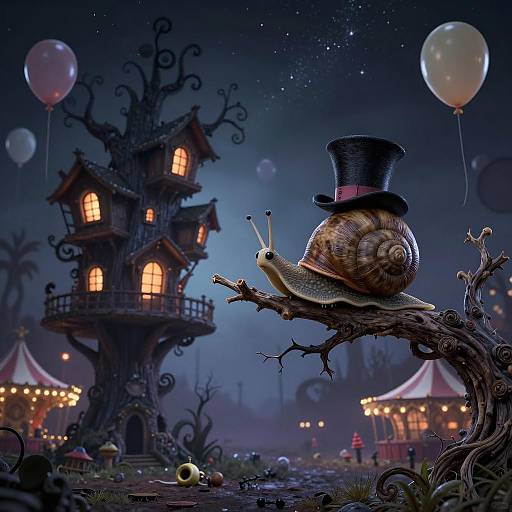 Whimsical Surreal Snail and Treehouse Art