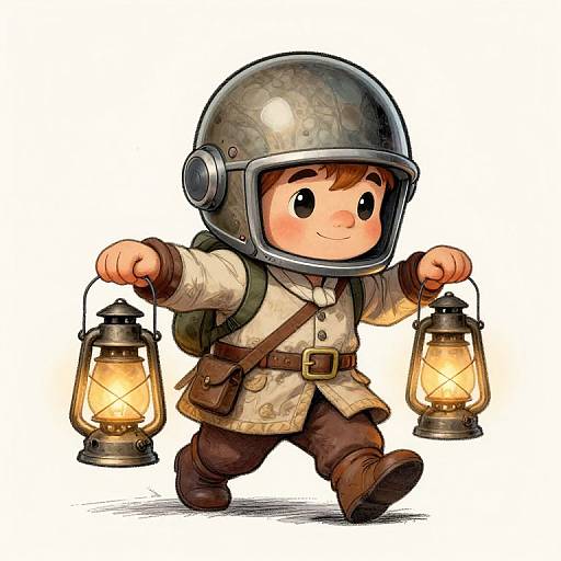 Cute cartoon boy in vintage helmet, beige coat, brown pants, holding lanterns, smiling, walking, white background, digital illustration.