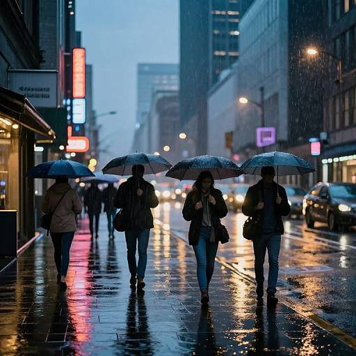 Photograph of four people walking on a rainy city street at dusk, holding umbrellas, with reflections of neon lights on wet pavement.