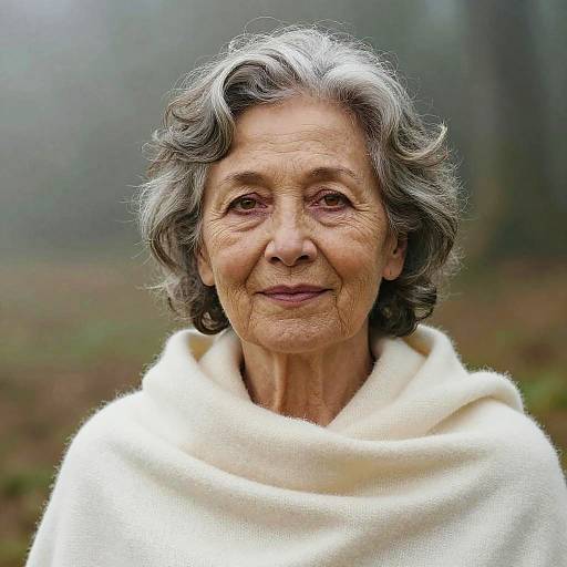 Photograph of an elderly woman with gray curly hair, wrinkled skin, and a gentle smile, wearing a white shawl, set against a mist