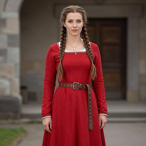 Photograph of a young woman with fair skin and brown braided hair, wearing a long red dress with white trim and brown belt, standing in front