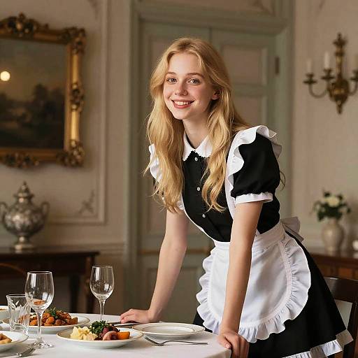 Photorealistic Blonde Maid Serving Dinner
