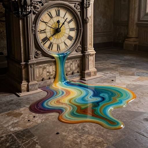 Photograph of an antique clock with a melting, colorful, rainbow-hued liquid puddle on the marble floor, blending blue, yellow, and orange
