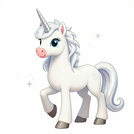 Cute digital cartoon of a white unicorn with a pink nose, blue eyes, and silver mane and tail, standing and walking.