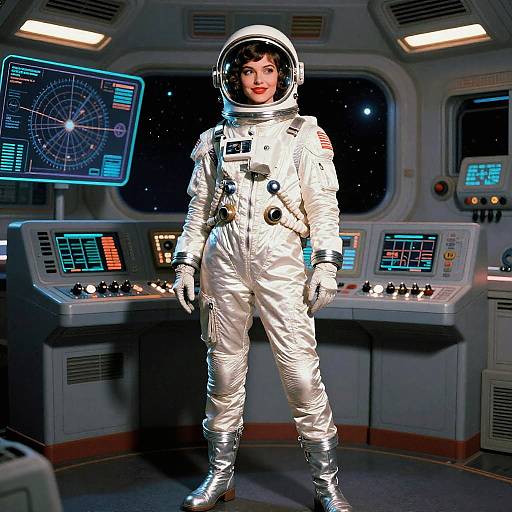 Photorealistic CGI of a woman in a white astronaut suit standing in a futuristic spacecraft control room with illuminated panels.