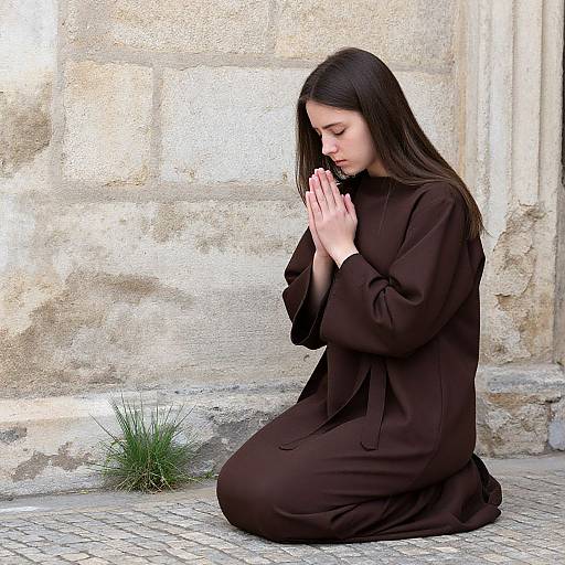 Humble Woman Praying by Stone Wall
