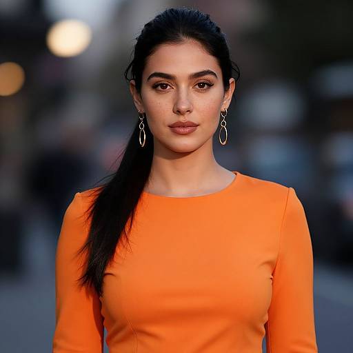 Photograph of a young woman with long black hair, wearing an orange long-sleeve top and dangling earrings, standing in a blurred urban night setting