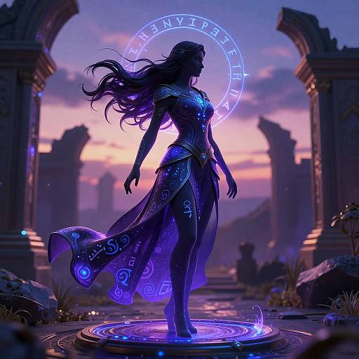 Digital artwork of a silhouetted, long-haired woman in glowing blue, ornate attire, standing on a circular magical platform, with ancient ruins