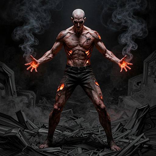 Digital artwork of a bald, muscular, demonic humanoid with glowing red-orange fire in hands, standing amid dark, smoky ruins.