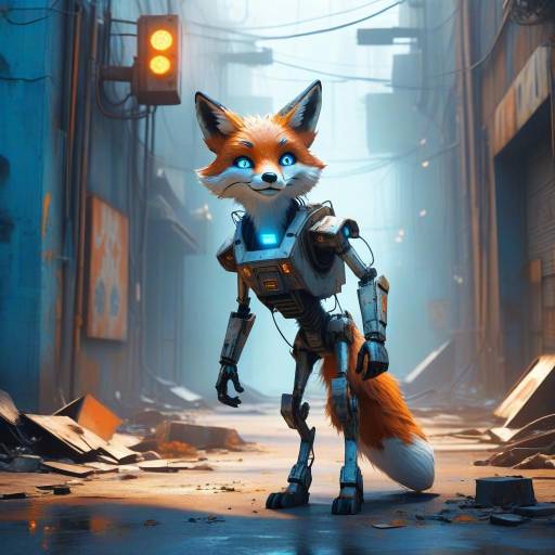 Playful Cybernetic Fox in Urban Alley