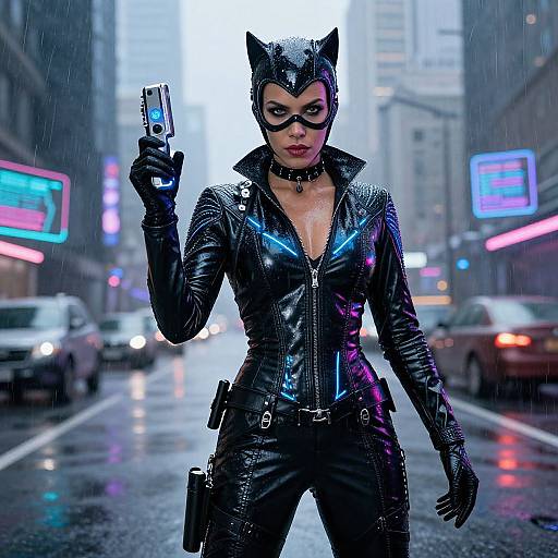 Photorealistic digital art of a rain-soaked Gotham City street, featuring a confident, masked Catwoman in a shiny black leather suit, holding a