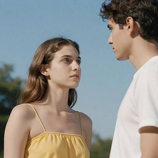 Young Woman Intently Looking at Man Outdoors