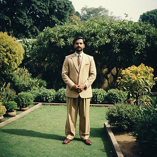 Photograph of a bearded man in a beige suit standing confidently on a manicured lawn, surrounded by lush greenery and yellow plants.