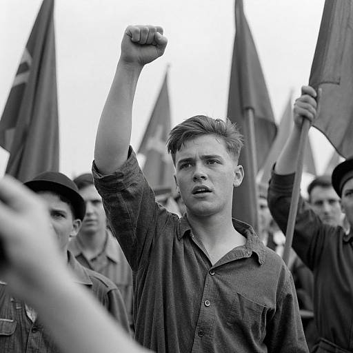 Black-and-white photograph of a determined young man with short hair, raising his fist among a crowd of protesters holding flags. Wearing a button-up shirt