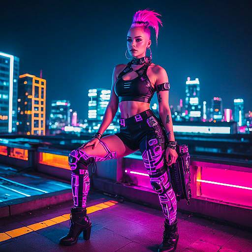 Cyberpunk Woman in Neon Rave Outfit on Rooftop