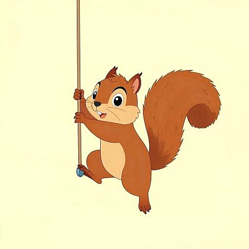 Cartoon red squirrel with large, fluffy tail, holding a pole with a blue shoe, smiling, against a plain white background.