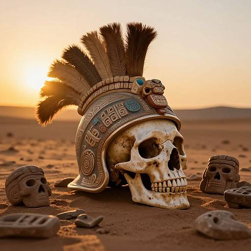 Conquistador Skull Amid Aztec Artifacts
