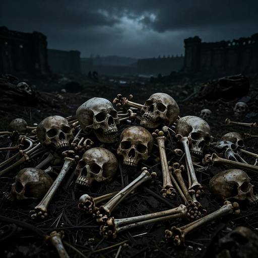Photograph of a dark, ominous graveyard with a pile of weathered, gray skulls and bones in the foreground, under a stormy, moonlit