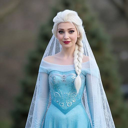 Photograph of a CGI-rendered woman with pale skin, white braided hair, blue dress, sheer lace veil, and red lipstick, standing outdoors