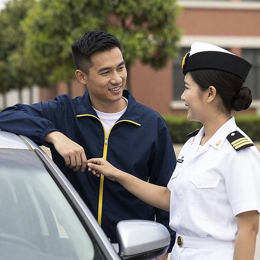 Couple Smiling Outside Car in Daylight