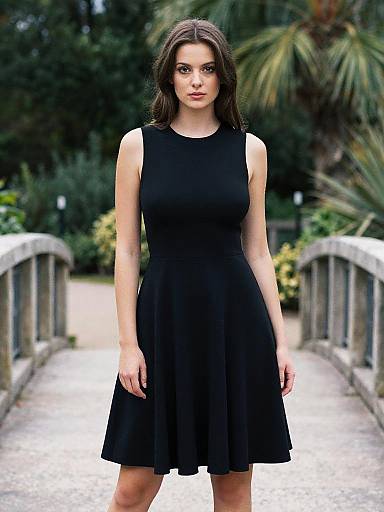 Photograph of a brunette woman with fair skin, wearing a sleeveless black A-line dress, standing on a stone bridge in a lush garden.