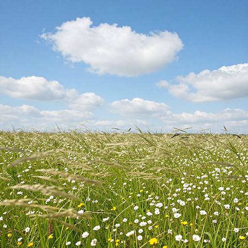 Photograph of a sunny meadow with white daisies, yellow flowers, and tall green grass under a bright blue sky with fluffy white clouds.