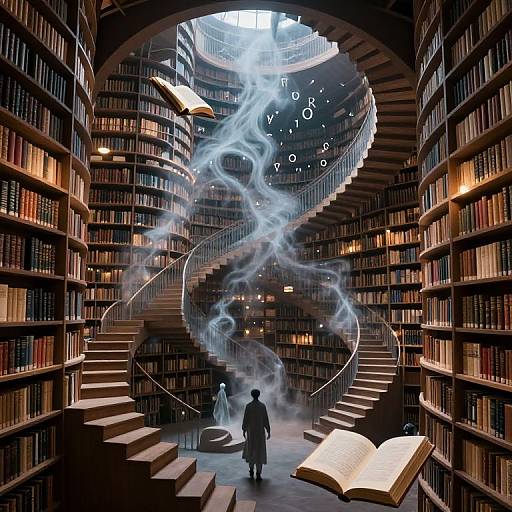 Photograph-like digital art of a grand library with spiraling wooden bookshelves, an open book, and ethereal blue smoke swirling around a sil