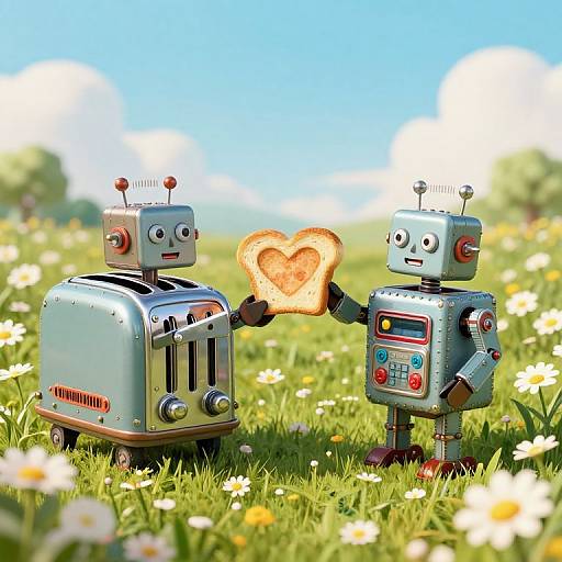 Two retro-styled metal robots sharing a heart-shaped toast in a sunny, flower-filled meadow with a blue sky background.