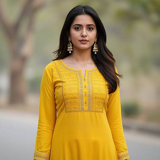 Photograph of a young South Asian woman with long black hair, wearing a vibrant yellow embroidered kameez and ornate gold earrings, standing outdoors against