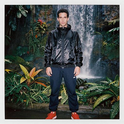 Photograph of a young man with short black hair, wearing a shiny black jacket, black pants, and red shoes, standing in front of a lush