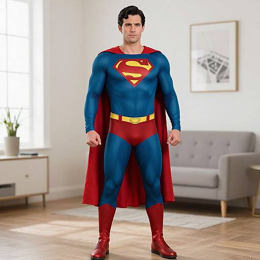 Photograph of a muscular, dark-haired man in a classic Superman costume, standing in a bright, modern living room. Blue suit, red trunks