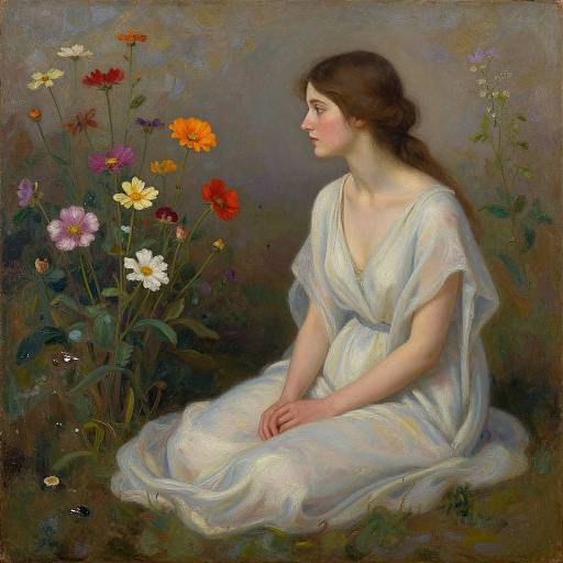 Romantic-style painting of a fair-skinned, brown-haired woman in a flowing white dress, sitting in a garden, gazing at colorful flowers.
